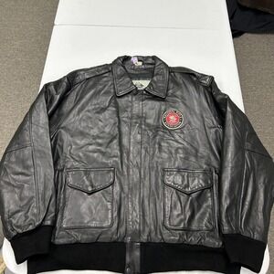 Burks Bay Bomber Jacket Mens XL Black Leather NRA‎ Patch Full Zip Ribbed Trim